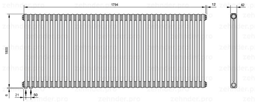 Схема (чертеж) Радиатор Zehnder Charleston 2180/39 №3370 Белый глянцевый RAL 9016